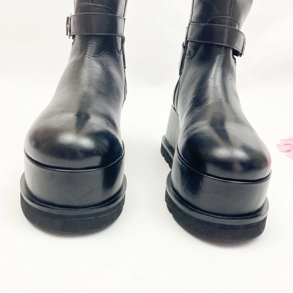 Free People Collection Not For Riding Platform Boots Tall Leather Buckle Black